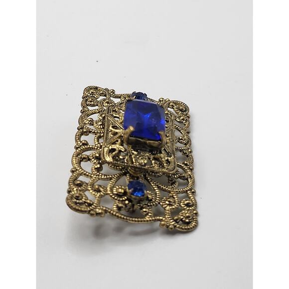 Vintage Gold Tone Filigree Brooch Blue Glass Stone Art Nouveau Style - Picture 3 of 7